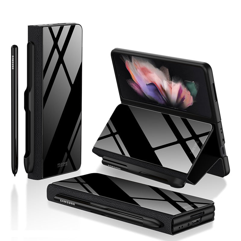 Luxury Leather & Tempered Glass Flip Stand Case For Galaxy Z Fold