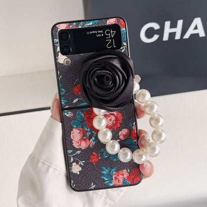 Elegant Leather Rose case with Pearl Bracelet For Samsung Galaxy Z Flip 4