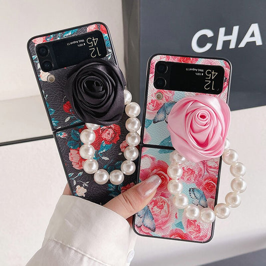 Elegant Leather Rose case with Pearl Bracelet For Samsung Galaxy Z Flip 4