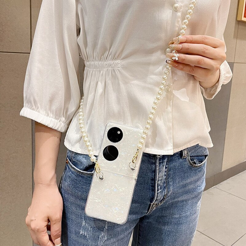 Fashion Pearl Long Chain Case With Lanyard Necklace Strap Conch Cameo Shell Pattern Case For Huawei P50 Pocket