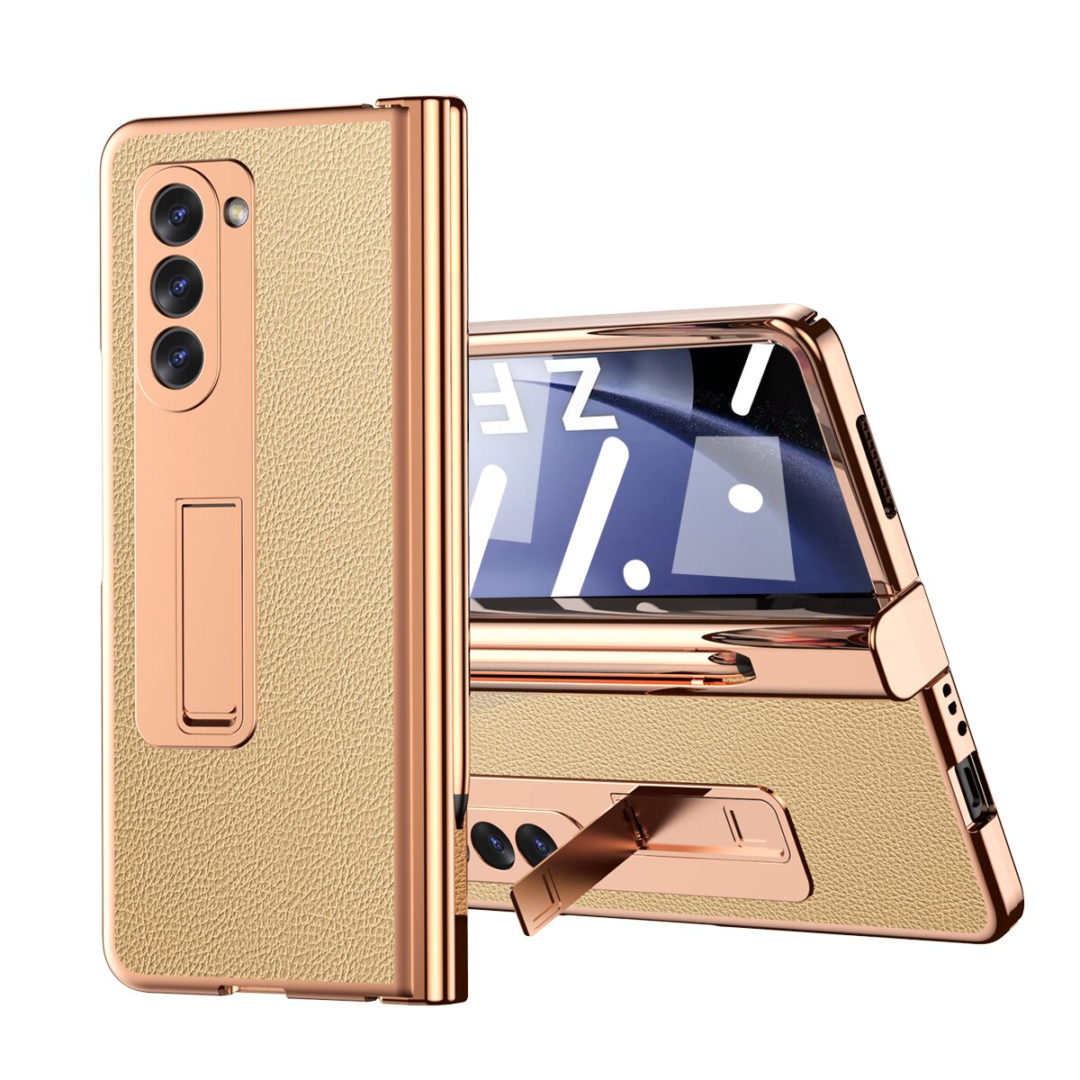 Leather Plating Case with Pen Holder & Kickstand for Samsung Galaxy Z Fold 5