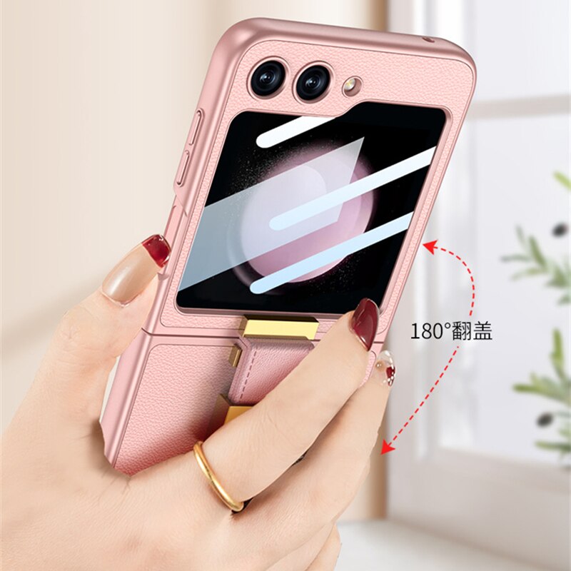 Leather Cover With Z Finger Ring & Lens Glass for Samsung Galaxy Z Flip 5