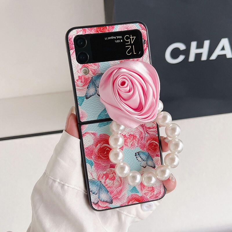 Elegant Leather Rose case with Pearl Bracelet For Samsung Galaxy Z Flip 4