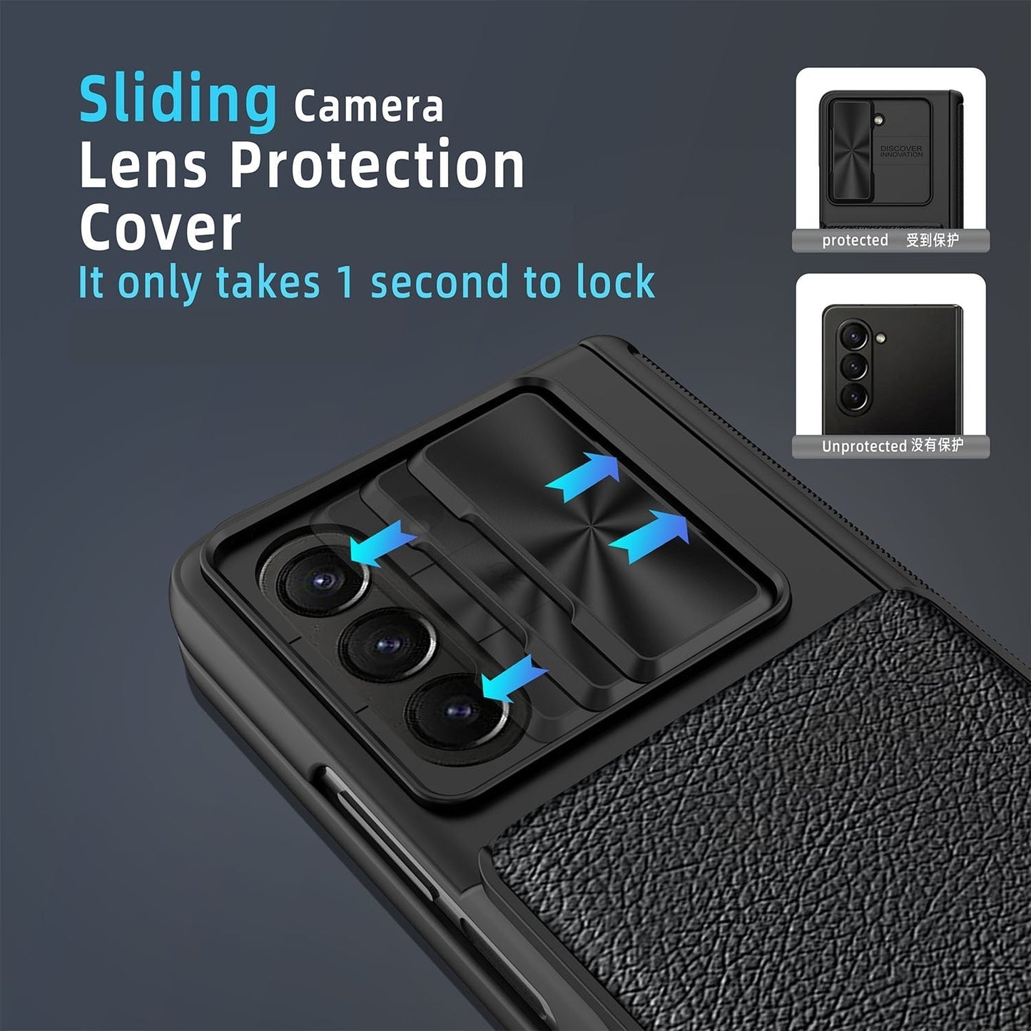 Slide Camera Cover with Leather Wallet  For Samsung Galaxy Z Fold 5