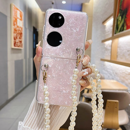 Fashion Pearl Long Chain Case With Lanyard Necklace Strap Conch Cameo Shell Pattern Case For Huawei P50 Pocket