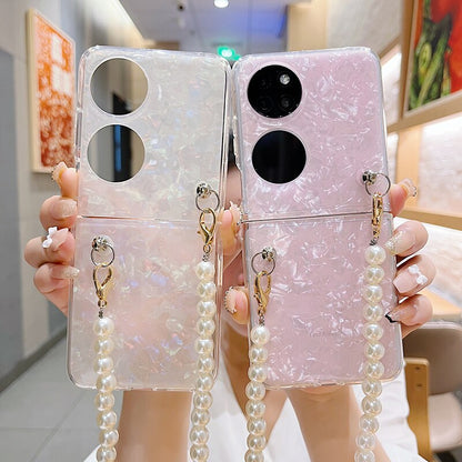 Fashion Pearl Long Chain Case With Lanyard Necklace Strap Conch Cameo Shell Pattern Case For Huawei P50 Pocket