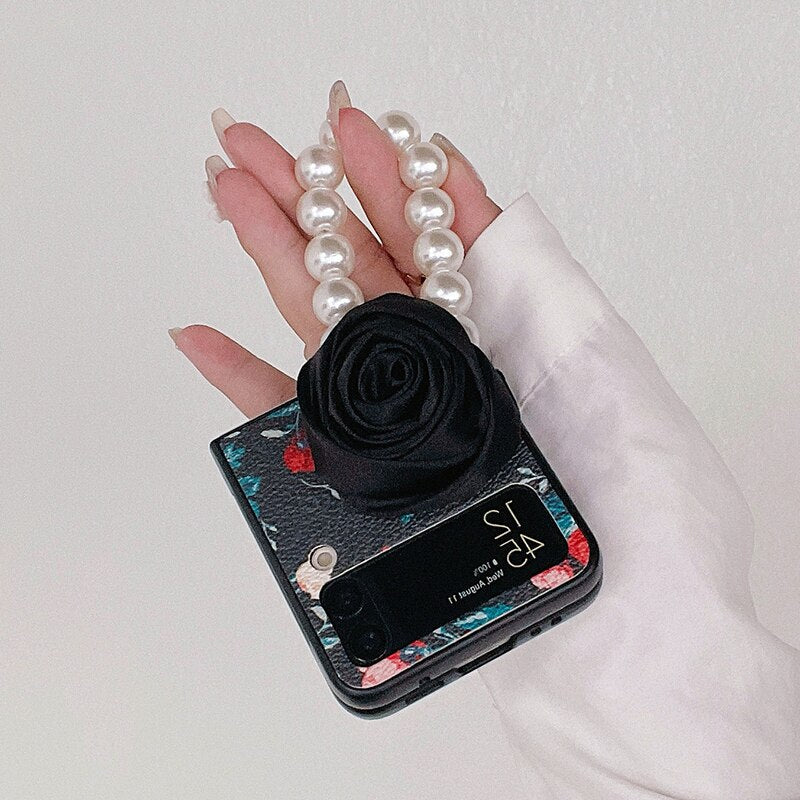 Elegant Leather Rose case with Pearl Bracelet For Samsung Galaxy Z Flip 4