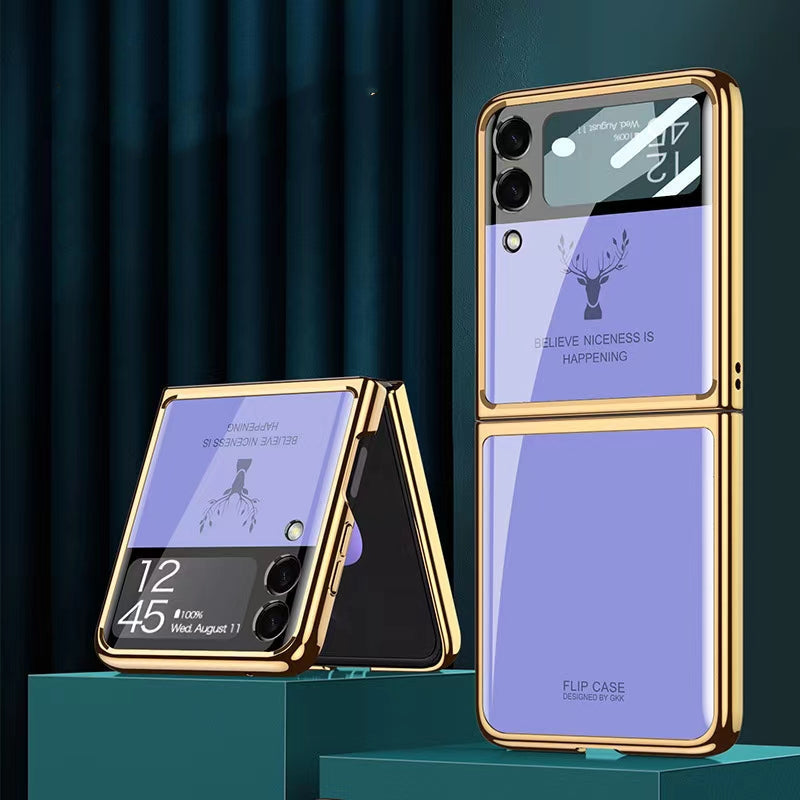 Luxury Deer Pattern Electroplating Tempered Glass Case For Samsung Z Flip 3 5G