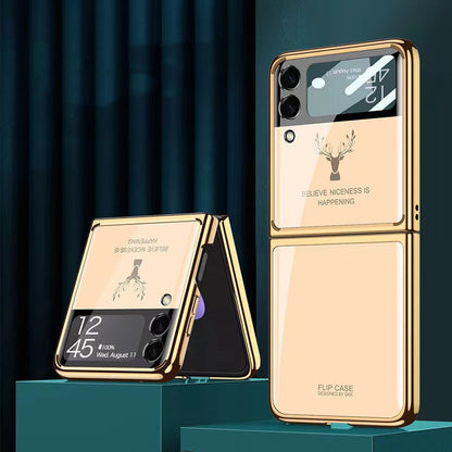 Luxury Deer Pattern Electroplating Tempered Glass Case For Samsung Z Flip 3 5G