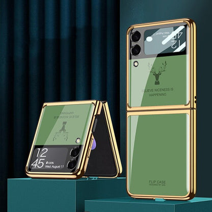 Luxury Deer Pattern Electroplating Tempered Glass Case For Samsung Z Flip 3 5G